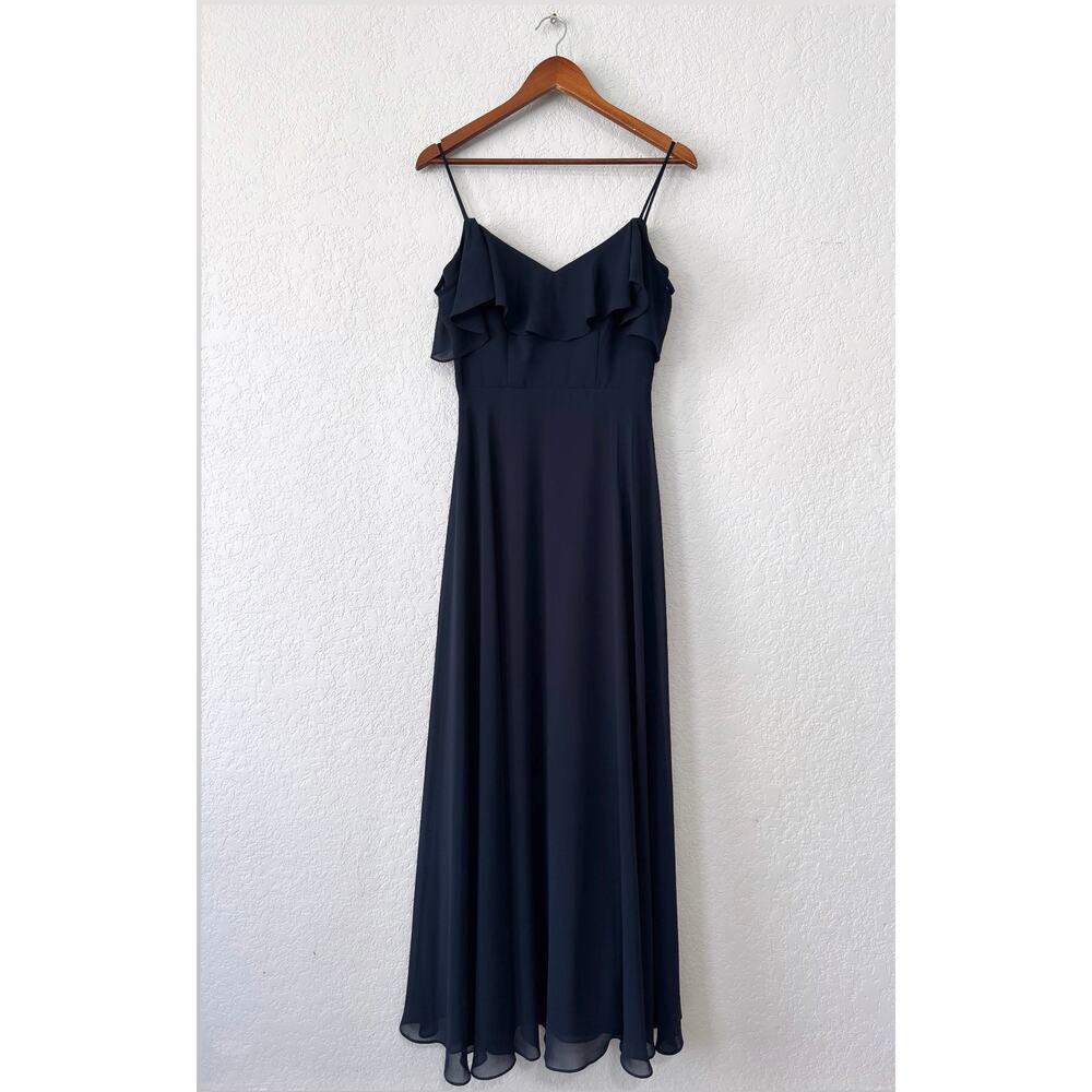 levkoff navy blue spaghetti strap ruffle top floor length gown dress size 4
